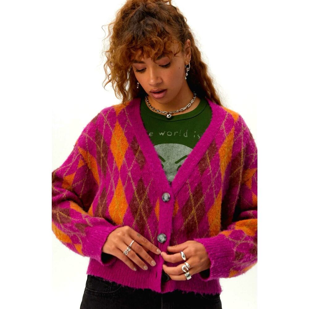 Daydreamer Fuchsia Sunset Argyle Cardigan Size Large NWT